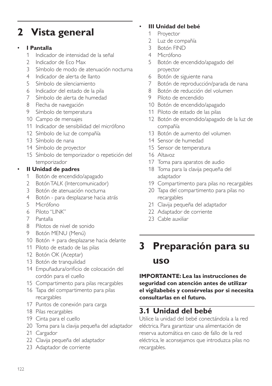 Vista general, Preparación para su uso, 1 unidad del bebé | 3 preparación para su uso, 2 vista general | Philips AVENT Écoute-bébé DECT User Manual | Page 122 / 400