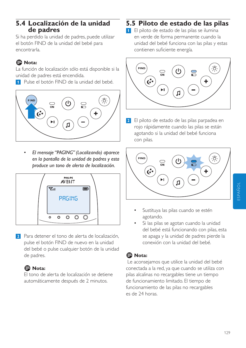 4 localización de la unidad, De padres, 5 piloto de estado de las pilas | 4 localización de la unidad de padres | Philips AVENT Écoute-bébé DECT User Manual | Page 129 / 400