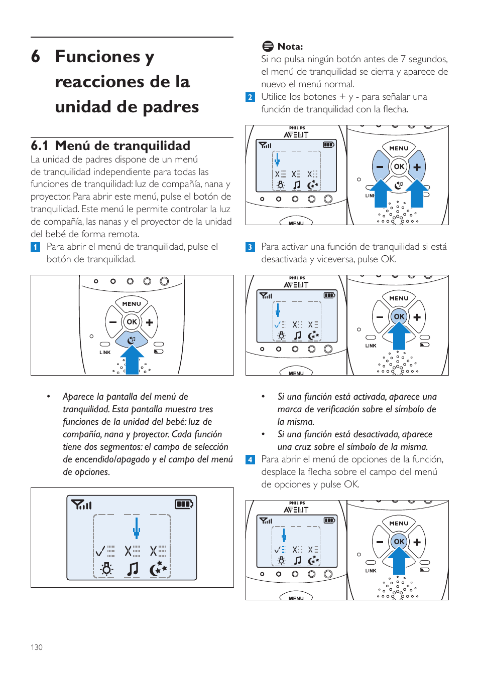 Funciones y reacciones de, La unidad de padres, 1 menú de tranquilidad | 6 funciones y reacciones de la unidad de padres | Philips AVENT Écoute-bébé DECT User Manual | Page 130 / 400