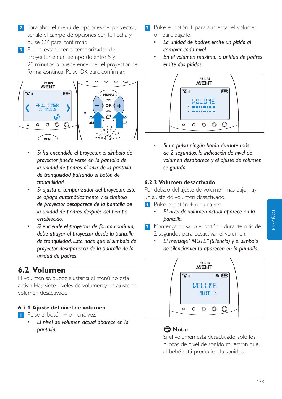 2 volumen | Philips AVENT Écoute-bébé DECT User Manual | Page 133 / 400