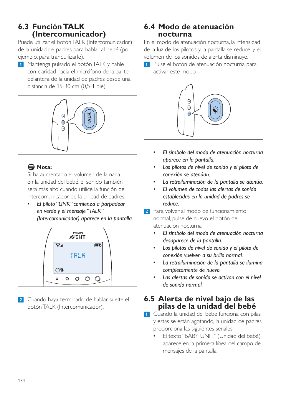 3 función talk (intercomunicador), 4 modo de atenuación nocturna, 5 alerta de nivel bajo de las pilas de | La unidad del bebé | Philips AVENT Écoute-bébé DECT User Manual | Page 134 / 400