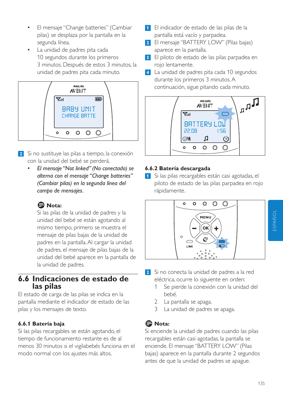 6 indicaciones de estado de las pilas | Philips AVENT Écoute-bébé DECT User Manual | Page 135 / 400