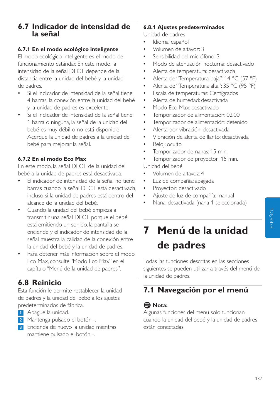 7 indicador de intensidad de la señal, 8 reinicio, Menú de la unidad de padres | 1 navegación por el menú, 7 menú de la unidad de padres | Philips AVENT Écoute-bébé DECT User Manual | Page 137 / 400