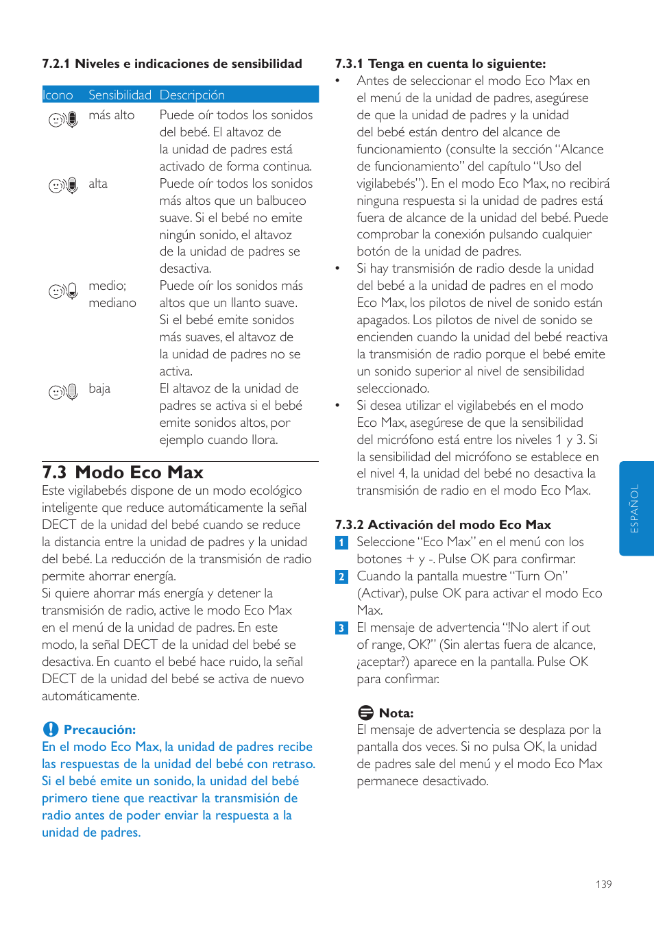 3 modo eco max | Philips AVENT Écoute-bébé DECT User Manual | Page 139 / 400