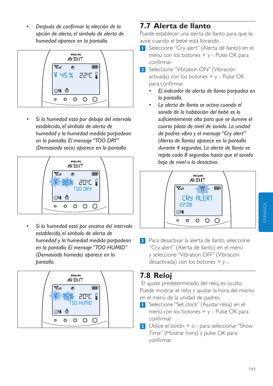 8 reloj, 7 alerta de llanto | Philips AVENT Écoute-bébé DECT User Manual | Page 143 / 400