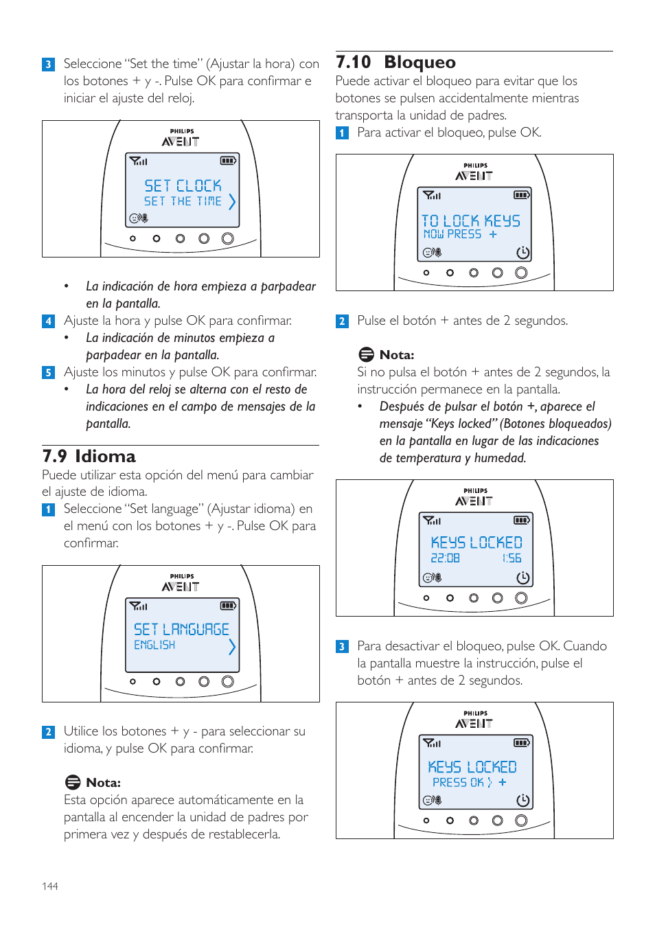 9 idioma, 10 bloqueo | Philips AVENT Écoute-bébé DECT User Manual | Page 144 / 400