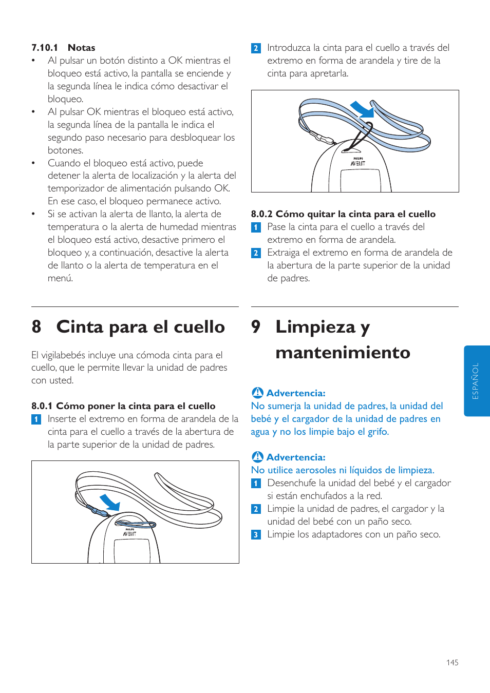 Cinta para el cuello, Limpieza y mantenimiento, 9 limpieza y mantenimiento | 8 cinta para el cuello | Philips AVENT Écoute-bébé DECT User Manual | Page 145 / 400