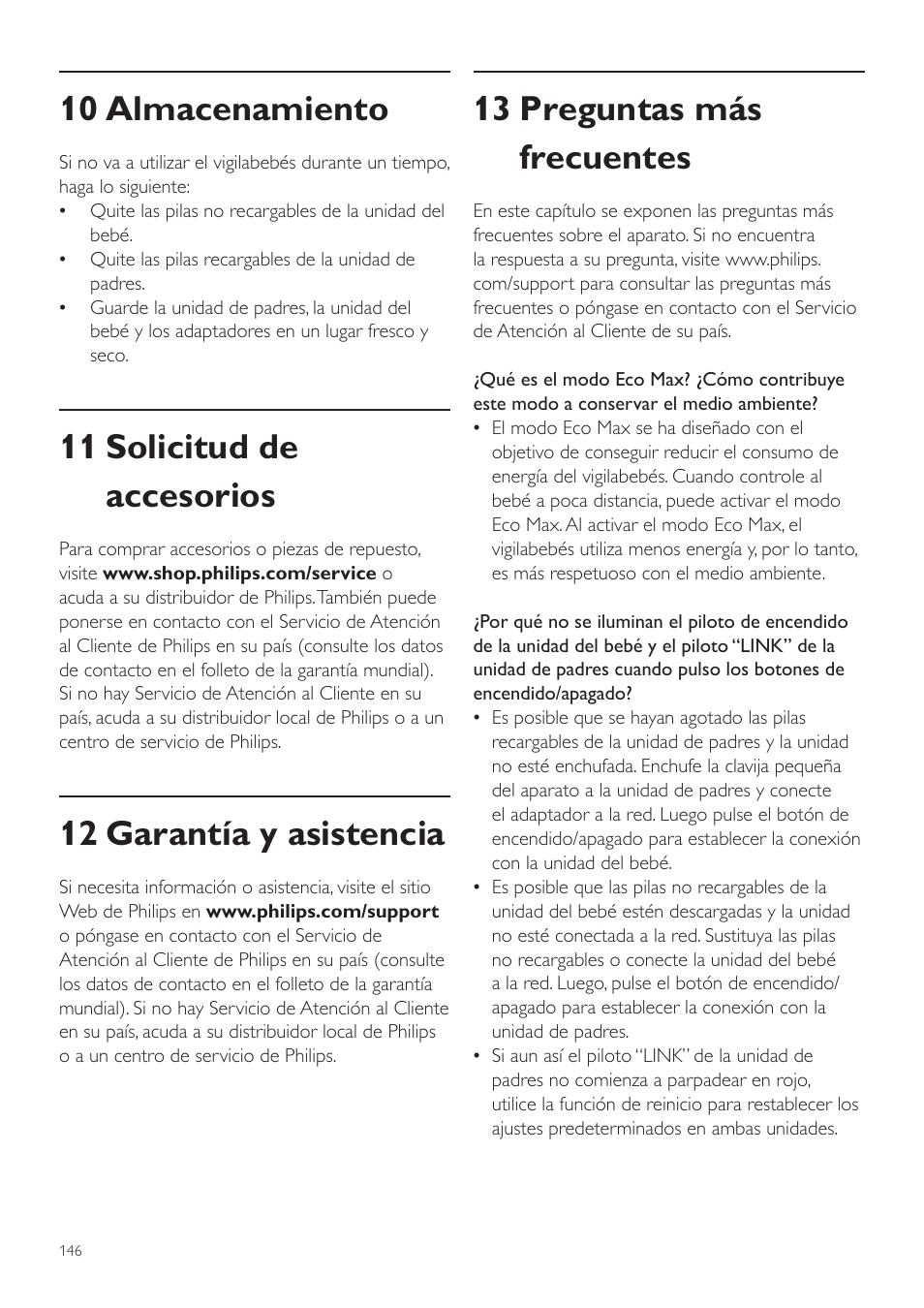 10 almacenamiento, 11 solicitud de accesorios, 12 garantía y asistencia | 13 preguntas más frecuentes | Philips AVENT Écoute-bébé DECT User Manual | Page 146 / 400