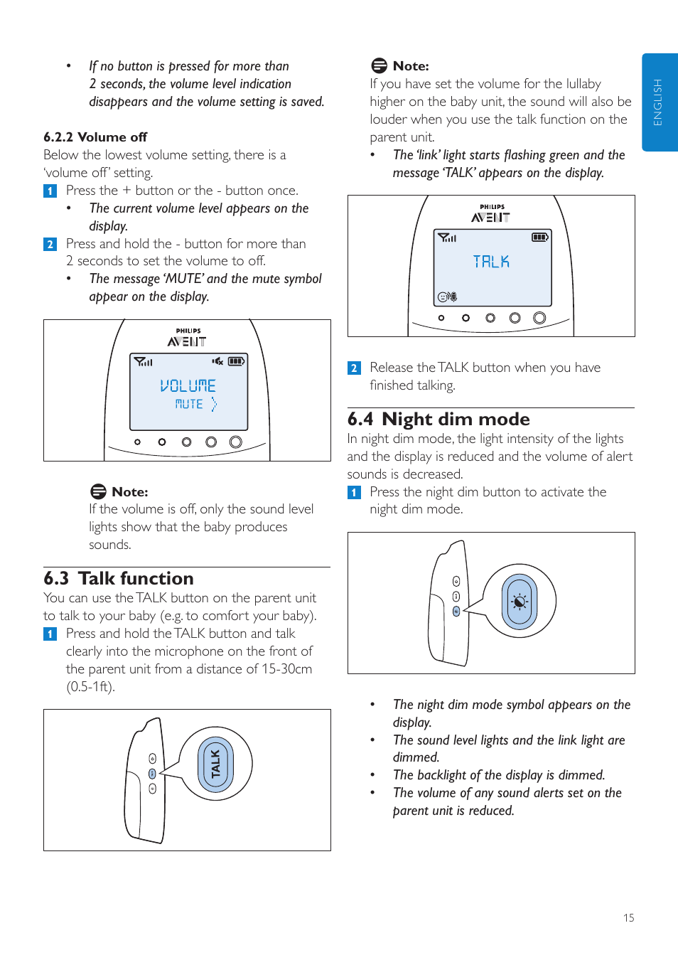 3 talk function, 4 night dim mode | Philips AVENT Écoute-bébé DECT User Manual | Page 15 / 400