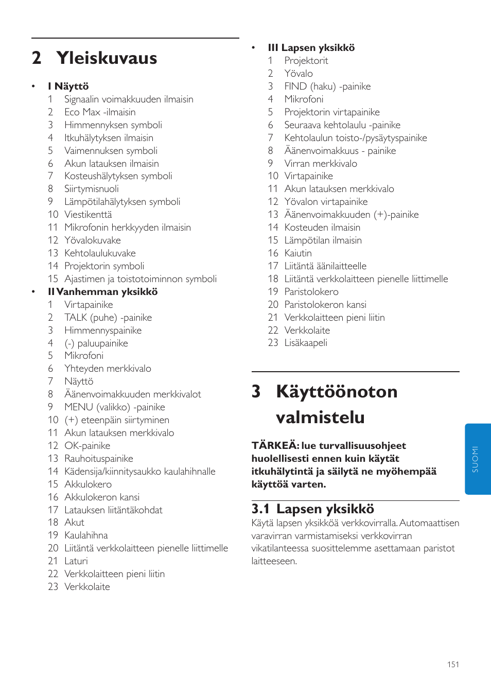 2 yleiskuvaus, Käyttöönoton valmistelu, 1 lapsen yksikkö | 3 käyttöönoton valmistelu | Philips AVENT Écoute-bébé DECT User Manual | Page 151 / 400