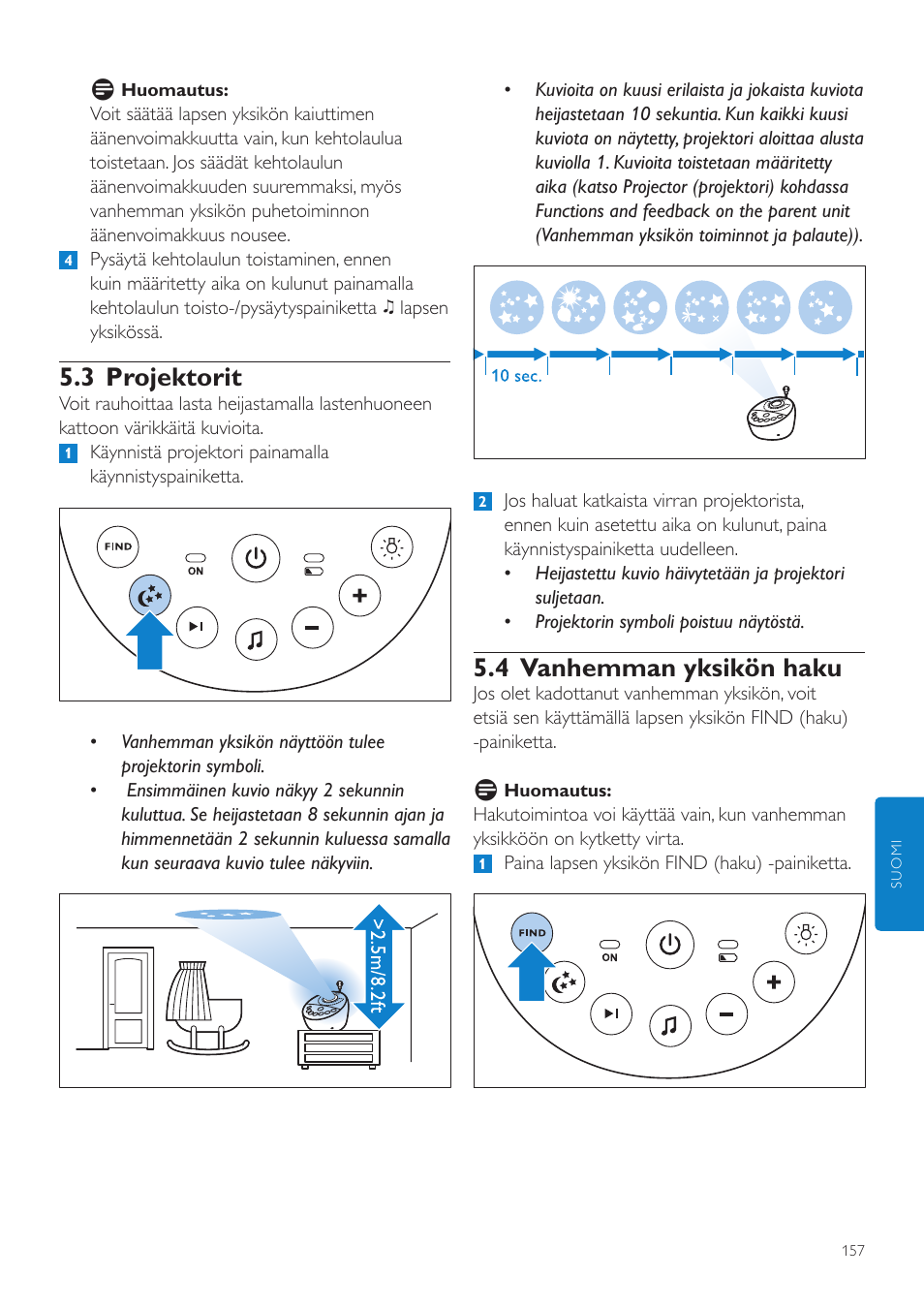 3 projektorit, 4 vanhemman yksikön haku | Philips AVENT Écoute-bébé DECT User Manual | Page 157 / 400