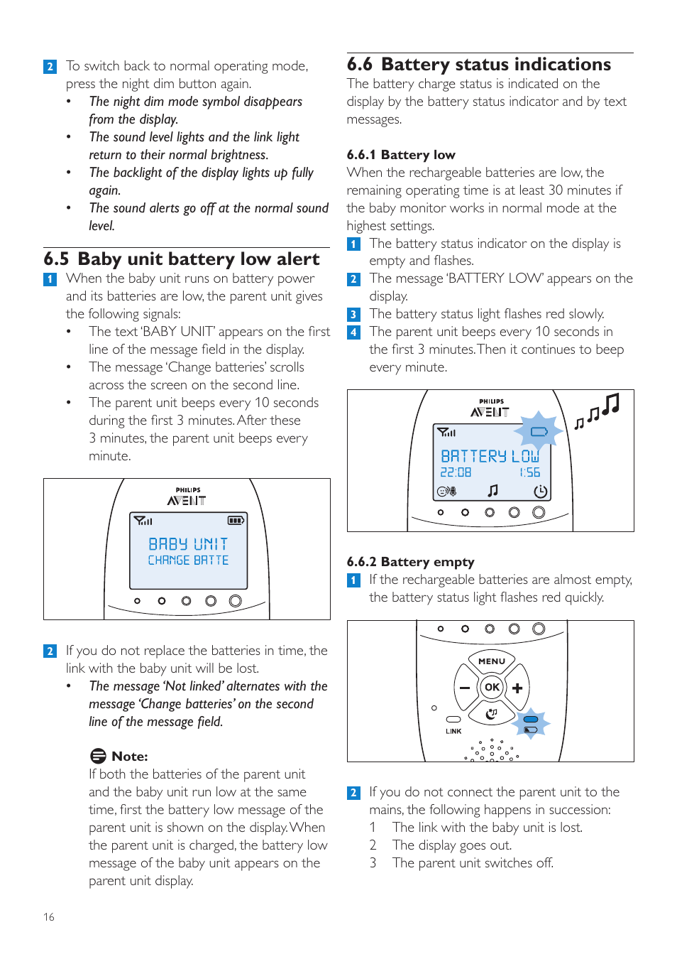 5 baby unit battery low alert, 6 battery status indications | Philips AVENT Écoute-bébé DECT User Manual | Page 16 / 400