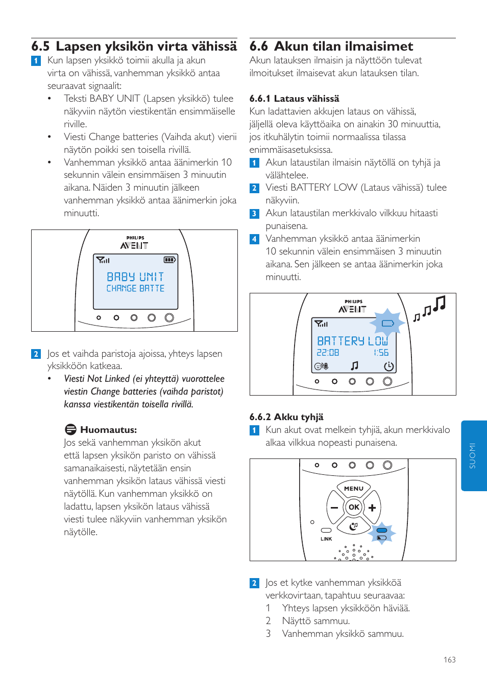 5 lapsen yksikön virta vähissä, 6 akun tilan ilmaisimet | Philips AVENT Écoute-bébé DECT User Manual | Page 163 / 400