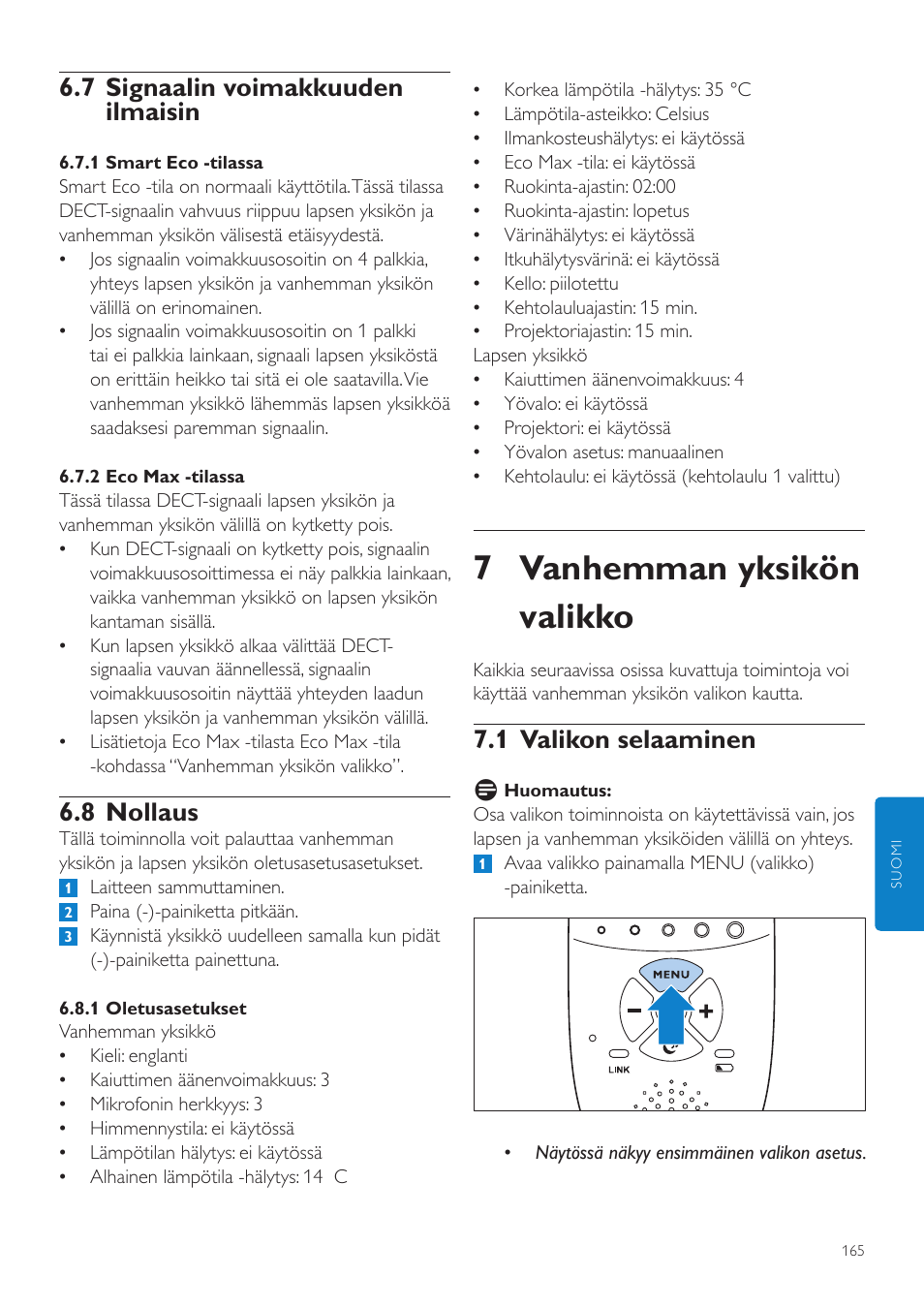 7 signaalin voimakkuuden ilmaisin, 8 nollaus, Vanhemman yksikön valikko | 1 valikon selaaminen, 7 vanhemman yksikön valikko | Philips AVENT Écoute-bébé DECT User Manual | Page 165 / 400