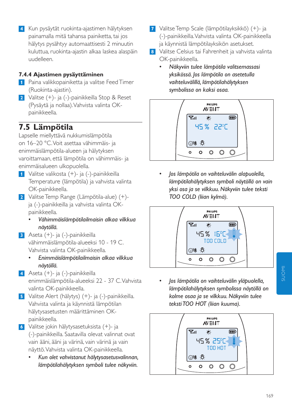 5 lämpötila | Philips AVENT Écoute-bébé DECT User Manual | Page 169 / 400