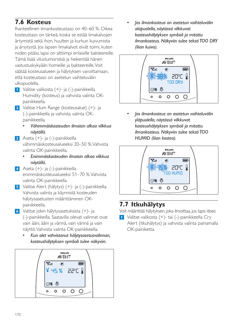 6 kosteus, 7 itkuhälytys | Philips AVENT Écoute-bébé DECT User Manual | Page 170 / 400