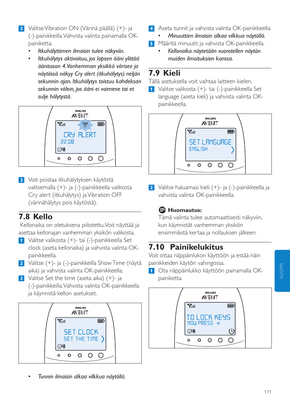 8 kello, 9 kieli, 10 painikelukitus | Philips AVENT Écoute-bébé DECT User Manual | Page 171 / 400