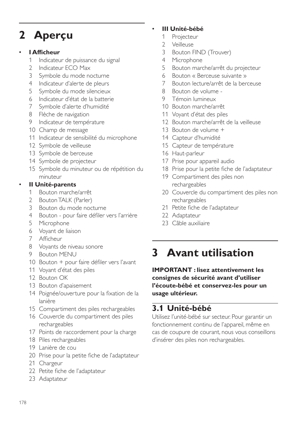 2 aperçu, Avant utilisation, 1 unité-bébé | 3 avant utilisation | Philips AVENT Écoute-bébé DECT User Manual | Page 178 / 400