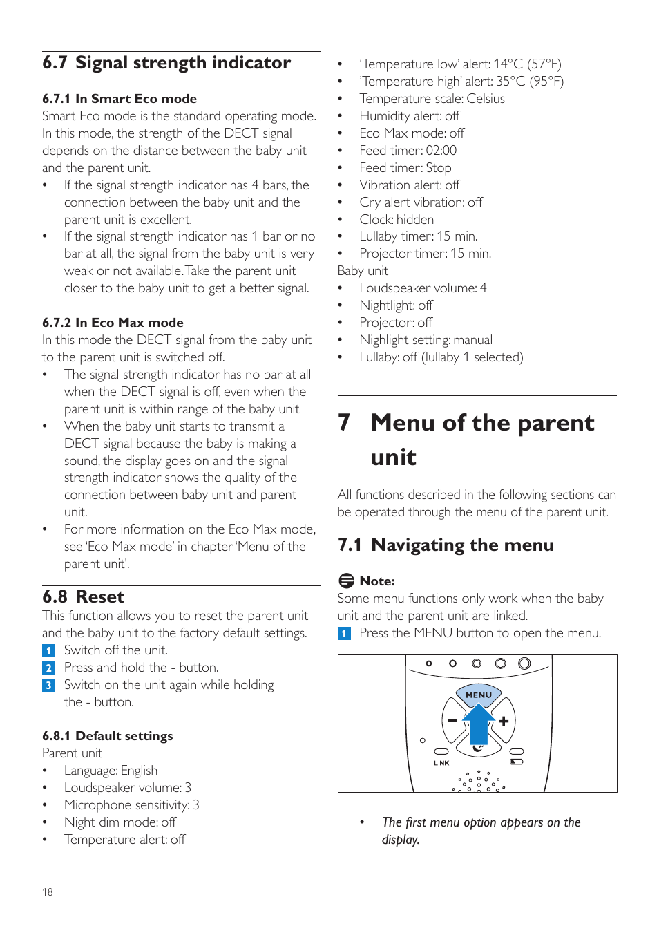 7 signal strength indicator, 8 reset, Menu of the parent unit | 1 navigating the menu, 7 menu of the parent unit | Philips AVENT Écoute-bébé DECT User Manual | Page 18 / 400