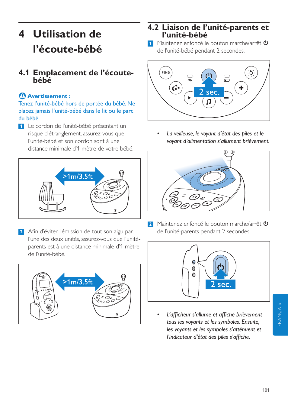 Utilisation de l’écoute-bébé, 1 emplacement de l’écoute-bébé, 2 liaison de l’unité-parents et | L’unité-bébé 181, 4 utilisation de l’écoute-bébé, 2 liaison de l’unité-parents et l’unité-bébé, 1 emplacement de l’écoute- bébé | Philips AVENT Écoute-bébé DECT User Manual | Page 181 / 400