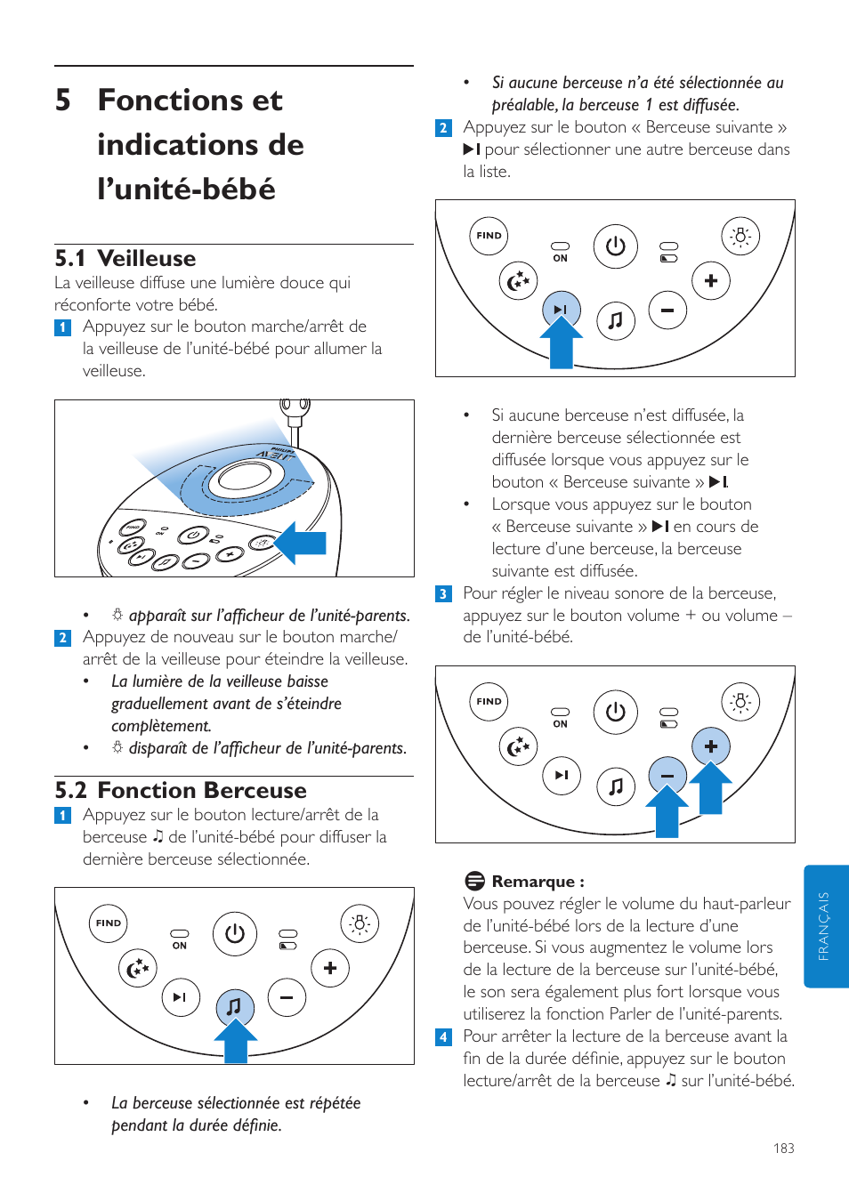 Fonctions et indications, De l’unité-bébé, 1 veilleuse | 2 fonction berceuse, 5 fonctions et indications de l’unité-bébé | Philips AVENT Écoute-bébé DECT User Manual | Page 183 / 400