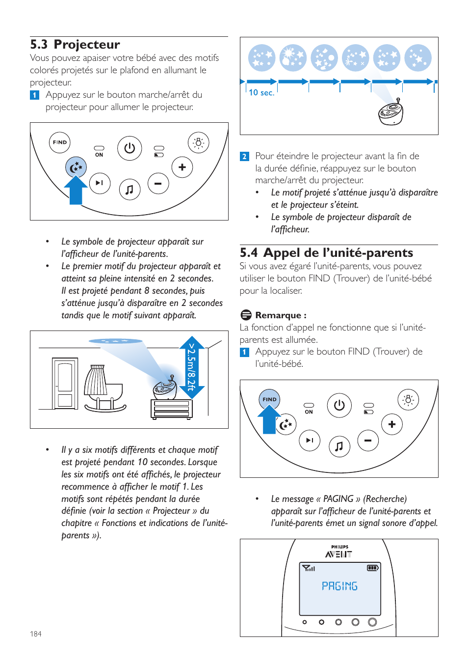 3 projecteur, 4 appel de l’unité-parents | Philips AVENT Écoute-bébé DECT User Manual | Page 184 / 400