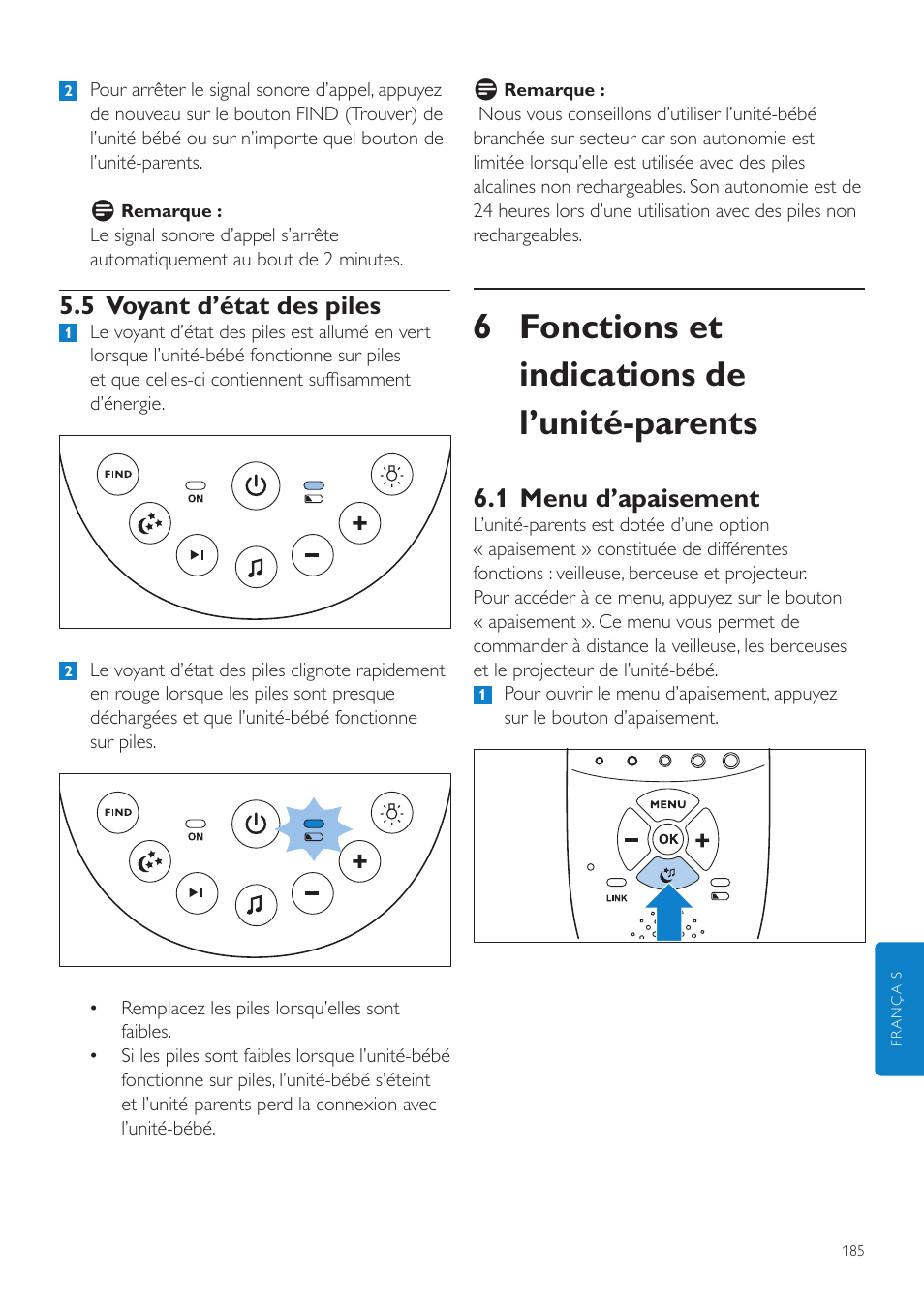 5 voyant d’état des piles, Fonctions et indications, De l’unité-parents | 1 menu d’apaisement, 6 fonctions et indications de l’unité-parents | Philips AVENT Écoute-bébé DECT User Manual | Page 185 / 400