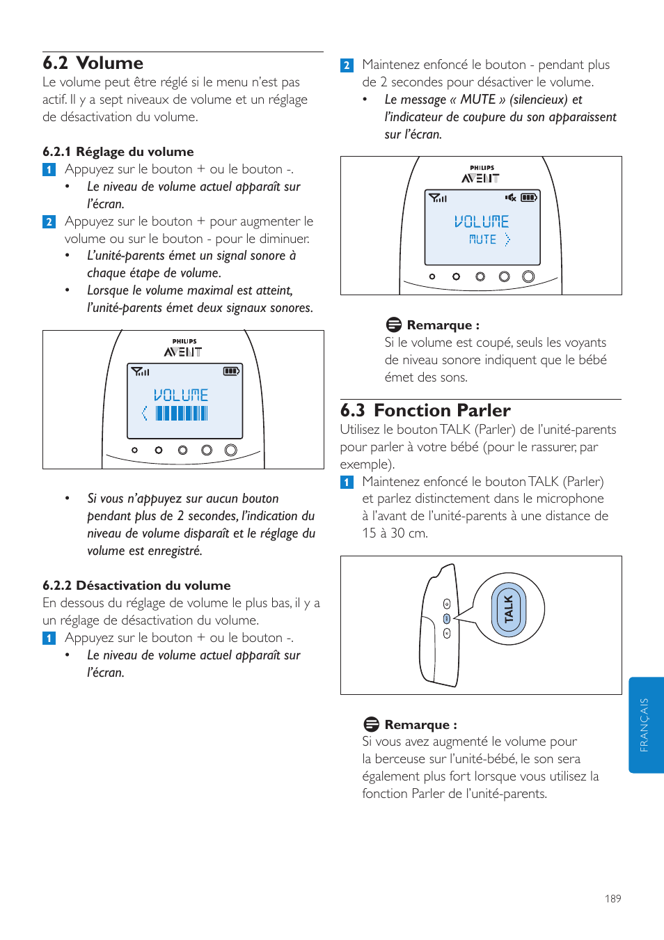 2 volume, 3 fonction parler | Philips AVENT Écoute-bébé DECT User Manual | Page 189 / 400