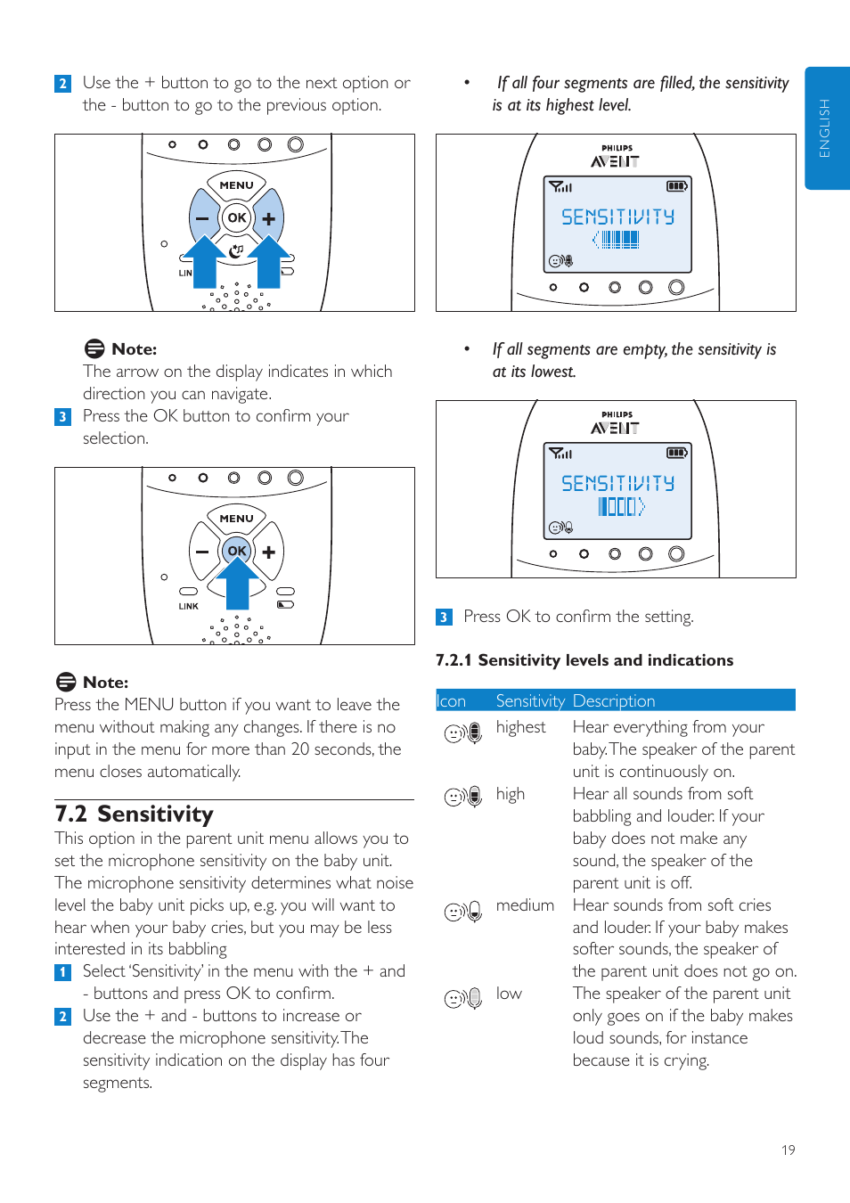 2 sensitivity | Philips AVENT Écoute-bébé DECT User Manual | Page 19 / 400