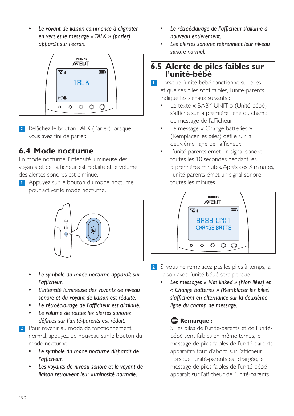 4 mode nocturne, 5 alerte de piles faibles sur l’unité-bébé 190, 5 alerte de piles faibles sur l’unité-bébé | Philips AVENT Écoute-bébé DECT User Manual | Page 190 / 400