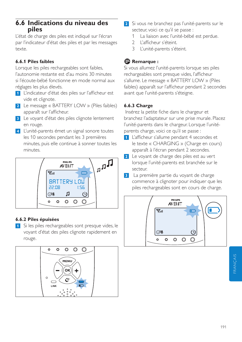 6 indications du niveau des piles | Philips AVENT Écoute-bébé DECT User Manual | Page 191 / 400