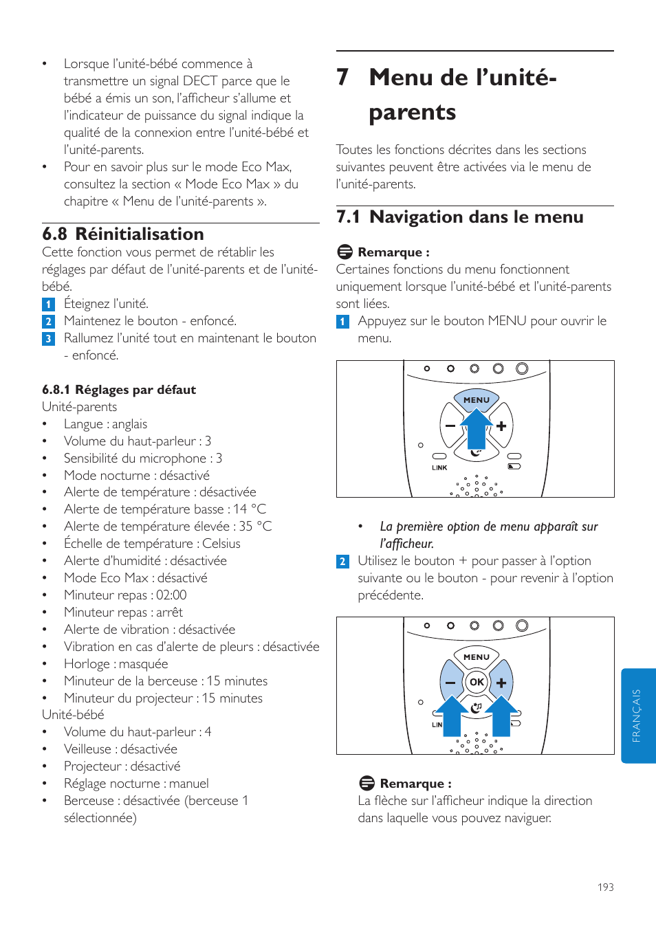 8 réinitialisation, Menu de l’unité-parents, 1 navigation dans le menu | 7 menu de l’unité- parents | Philips AVENT Écoute-bébé DECT User Manual | Page 193 / 400