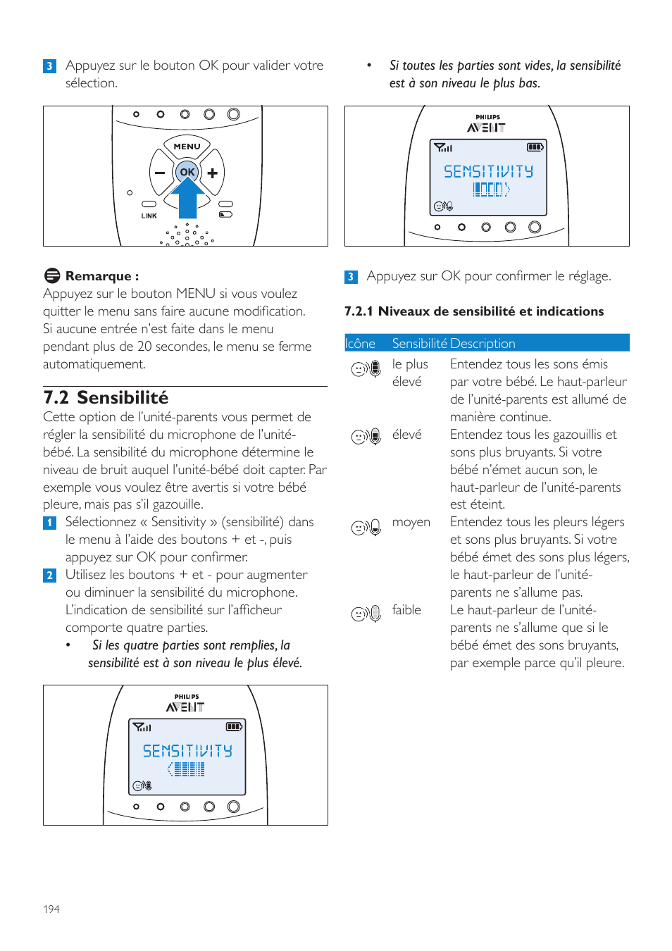 2 sensibilité | Philips AVENT Écoute-bébé DECT User Manual | Page 194 / 400