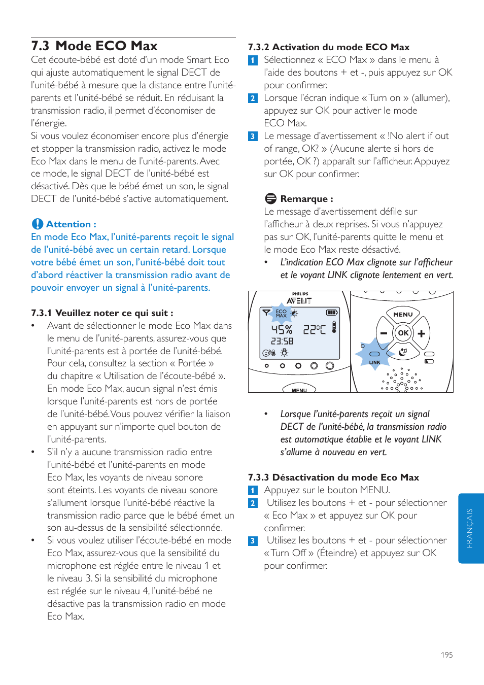 3 mode eco max | Philips AVENT Écoute-bébé DECT User Manual | Page 195 / 400