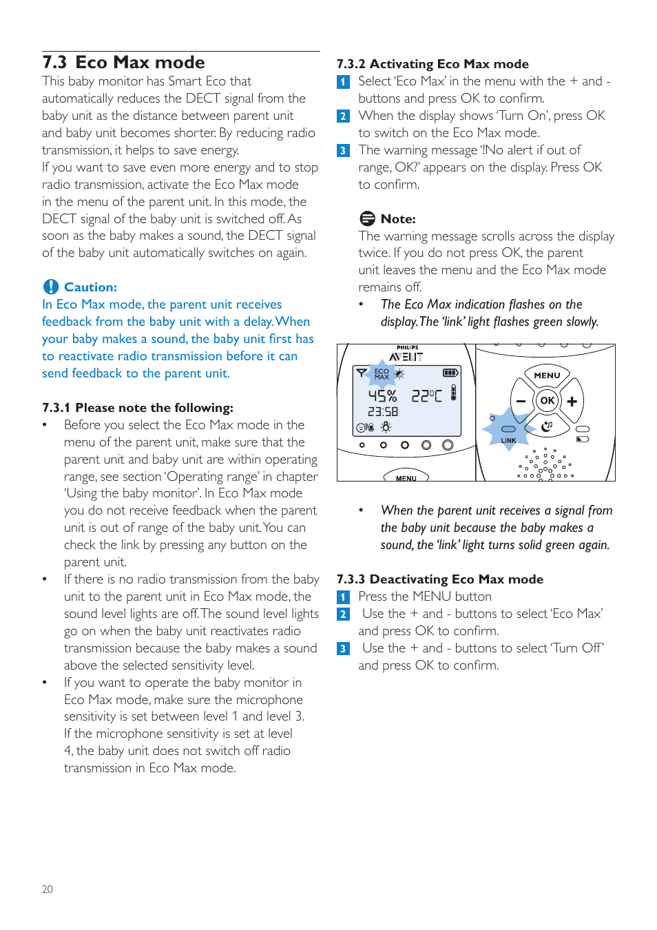 3 eco max mode | Philips AVENT Écoute-bébé DECT User Manual | Page 20 / 400