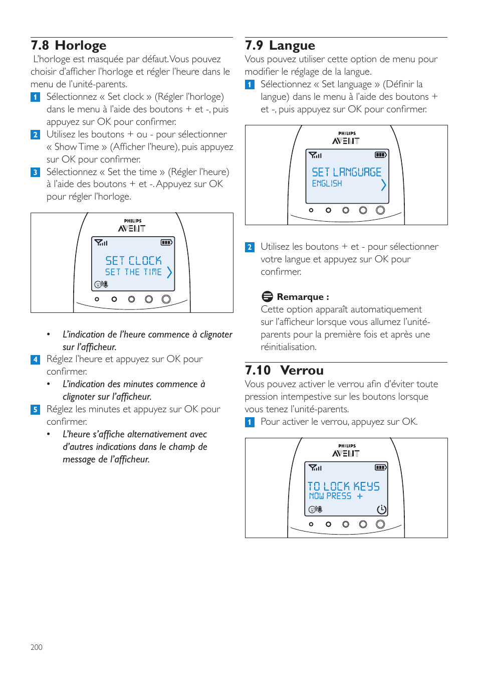 8 horloge, 9 langue, 10 verrou | Philips AVENT Écoute-bébé DECT User Manual | Page 200 / 400