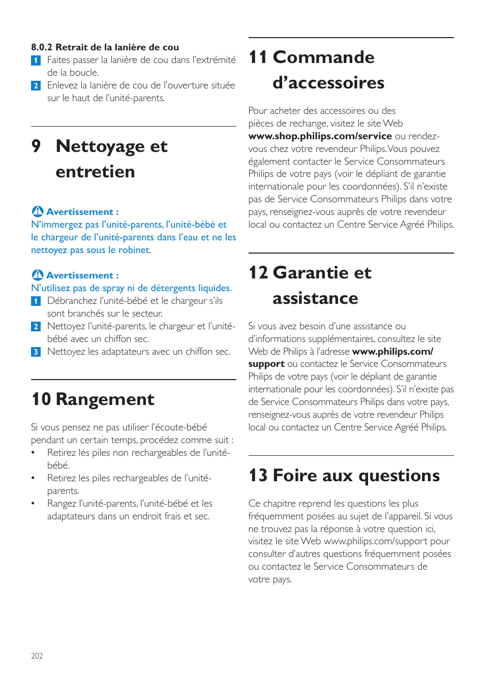 Nettoyage et entretien, 10 rangement, 11 commande d’accessoires | 12 garantie et assistance, 13 foire aux questions, 9 nettoyage et entretien | Philips AVENT Écoute-bébé DECT User Manual | Page 202 / 400