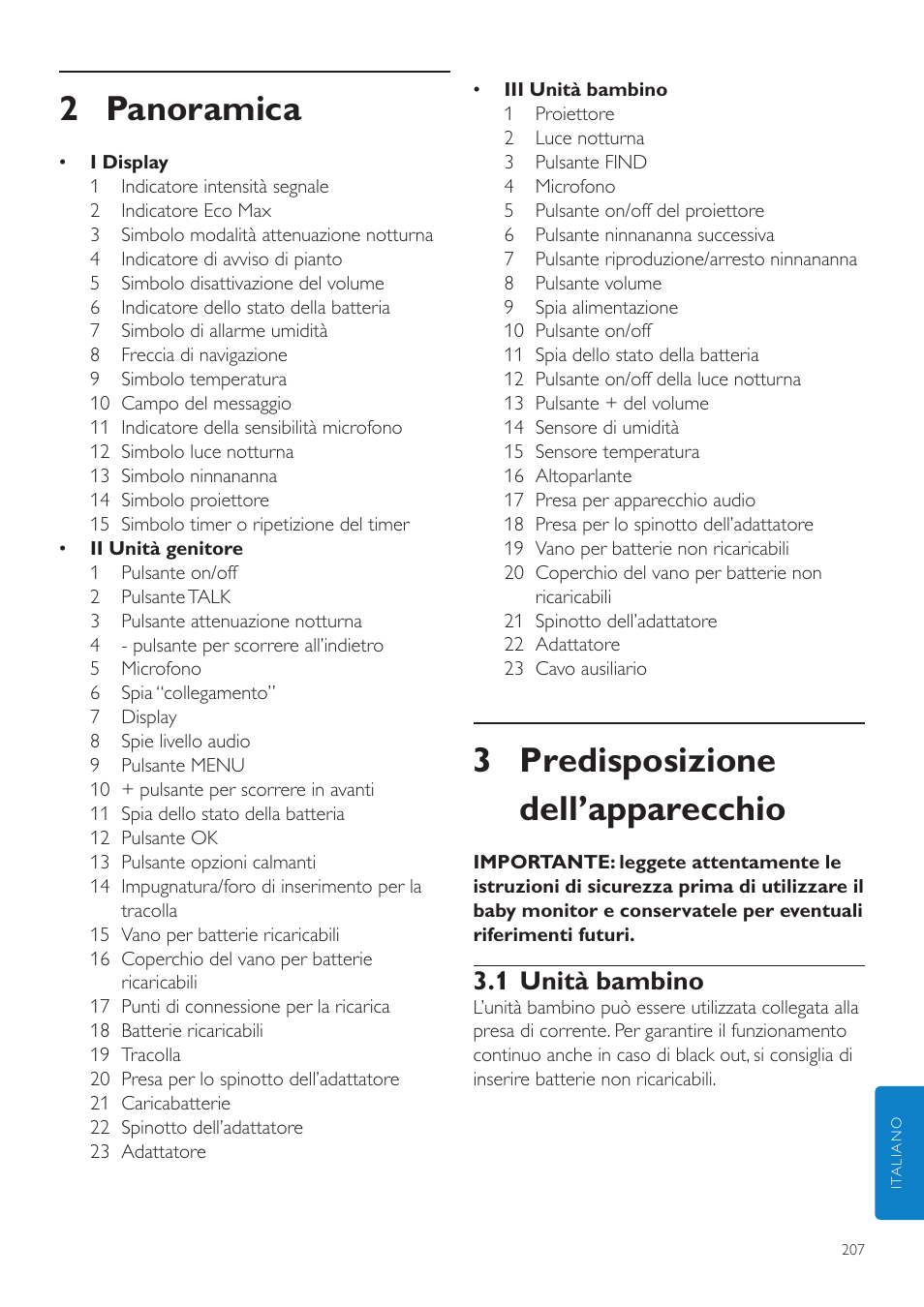 2 panoramica, Predisposizione dell’apparecchio 207, 1 unità bambino | 3 predisposizione dell’apparecchio | Philips AVENT Écoute-bébé DECT User Manual | Page 207 / 400