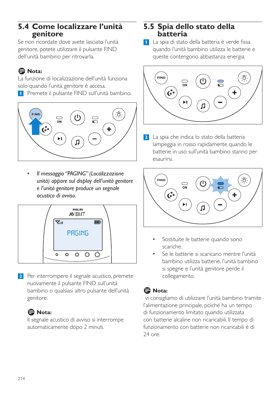 4 come localizzare l’unità genitore, 5 spia dello stato della batteria | Philips AVENT Écoute-bébé DECT User Manual | Page 214 / 400