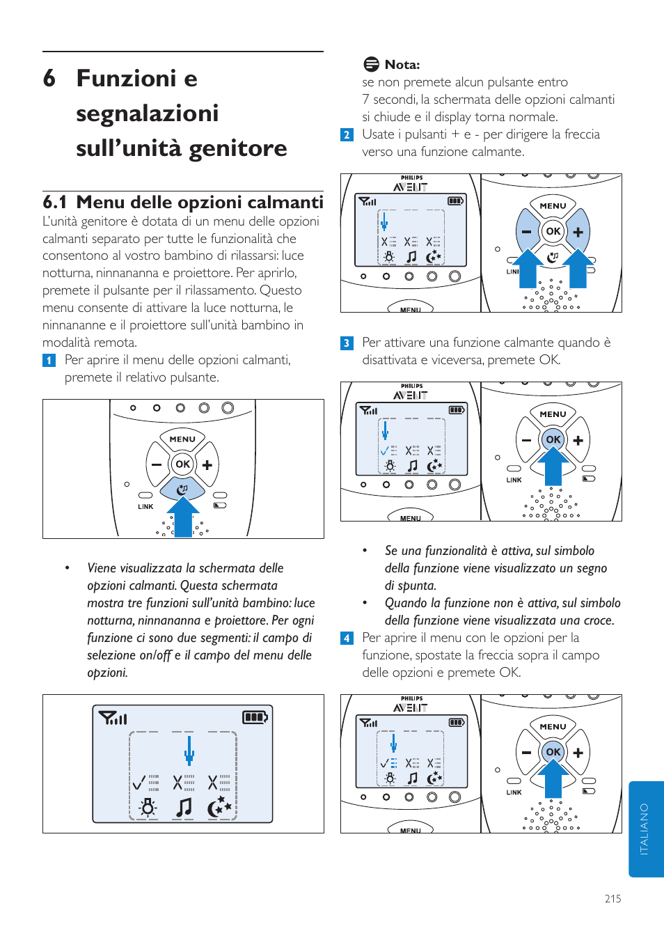 Funzioni e segnalazioni, Sull’unità genitore, 1 menu delle opzioni calmanti | 6 funzioni e segnalazioni sull’unità genitore | Philips AVENT Écoute-bébé DECT User Manual | Page 215 / 400