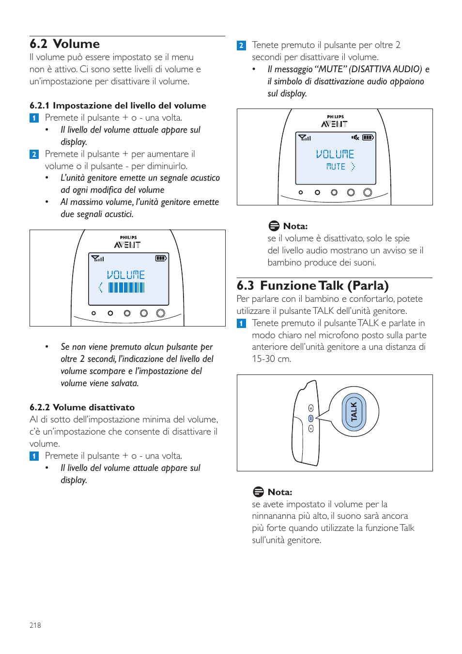 2 volume, 3 funzione talk (parla) | Philips AVENT Écoute-bébé DECT User Manual | Page 218 / 400