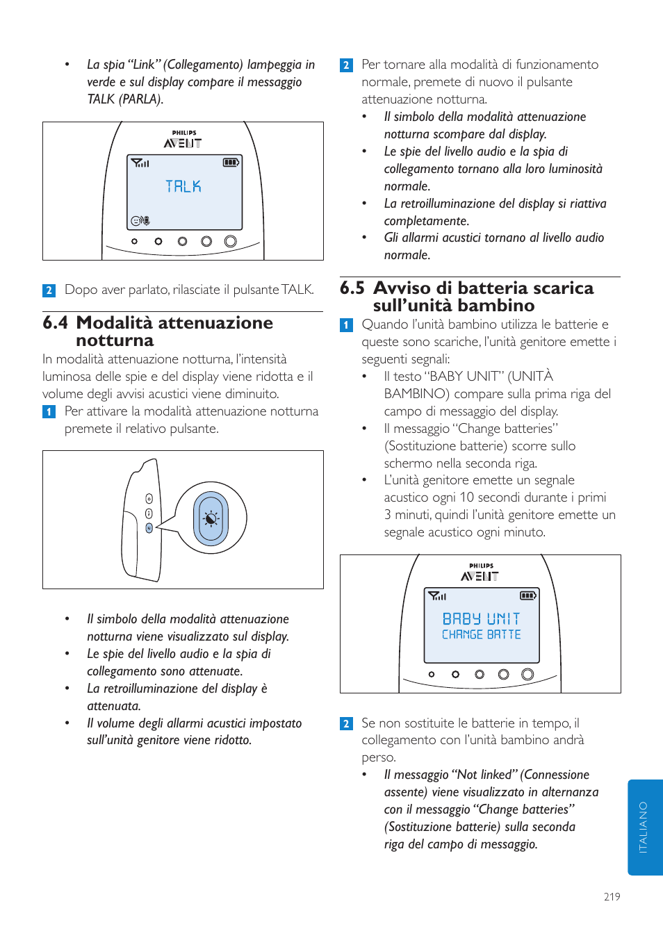 4 modalità attenuazione notturna, 5 avviso di batteria scarica sull’unità, Bambino 219 | 5 avviso di batteria scarica sull’unità bambino | Philips AVENT Écoute-bébé DECT User Manual | Page 219 / 400