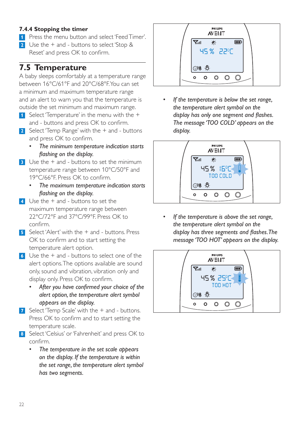 5 temperature | Philips AVENT Écoute-bébé DECT User Manual | Page 22 / 400