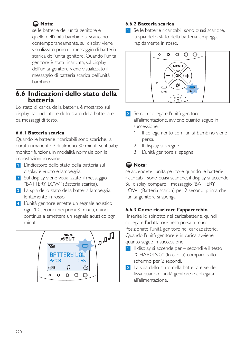 6 indicazioni dello stato della batteria 220, 6 indicazioni dello stato della batteria | Philips AVENT Écoute-bébé DECT User Manual | Page 220 / 400