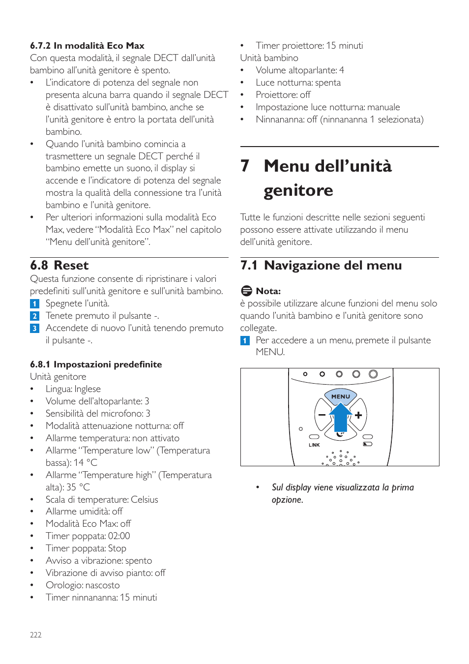 8 reset, Menu dell’unità genitore, 1 navigazione del menu | 7 menu dell’unità genitore | Philips AVENT Écoute-bébé DECT User Manual | Page 222 / 400