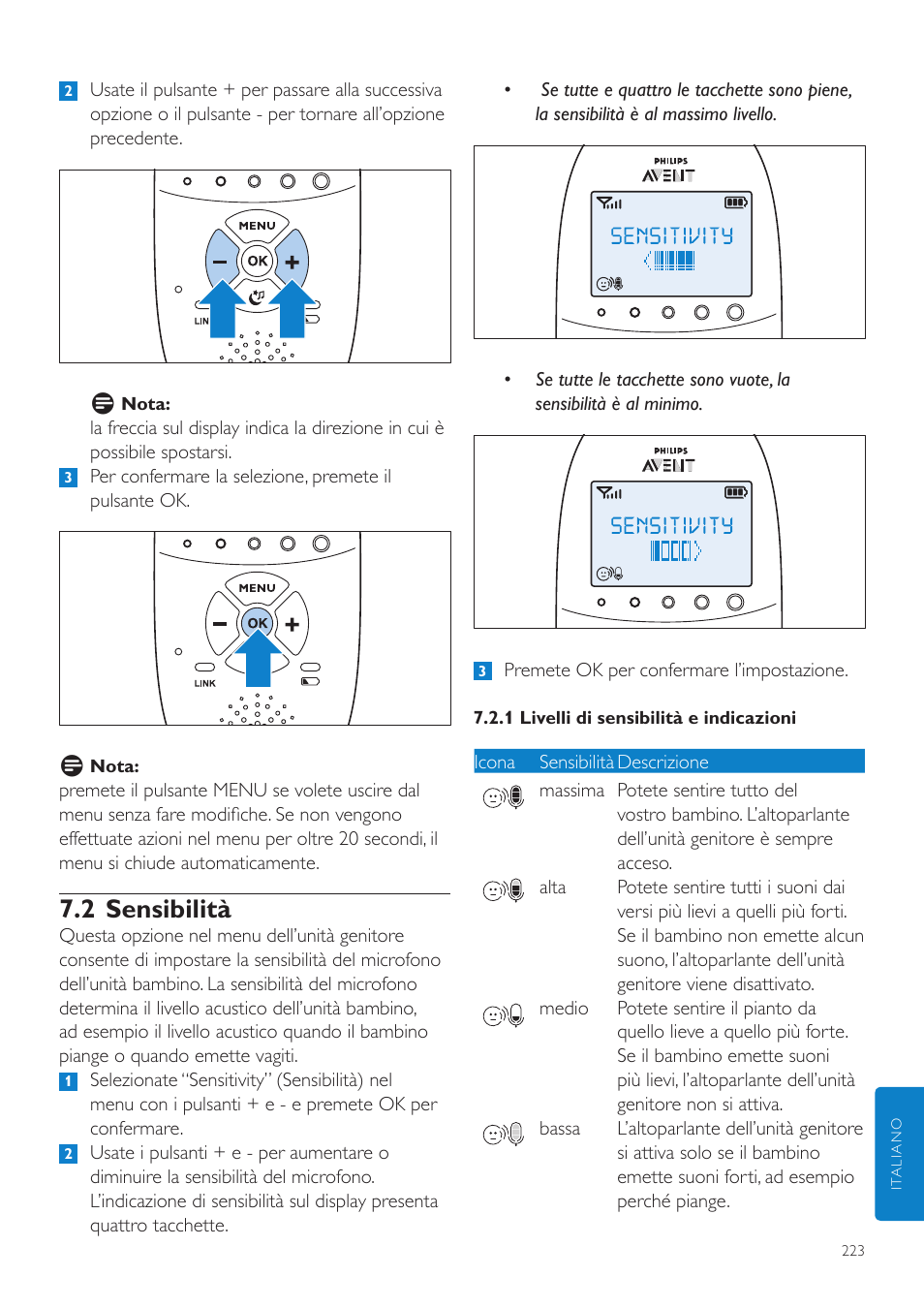 2 sensibilità | Philips AVENT Écoute-bébé DECT User Manual | Page 223 / 400