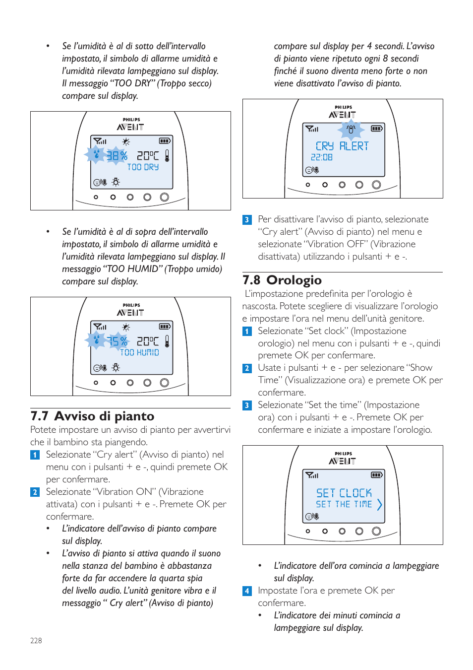 7 avviso di pianto, 8 orologio | Philips AVENT Écoute-bébé DECT User Manual | Page 228 / 400