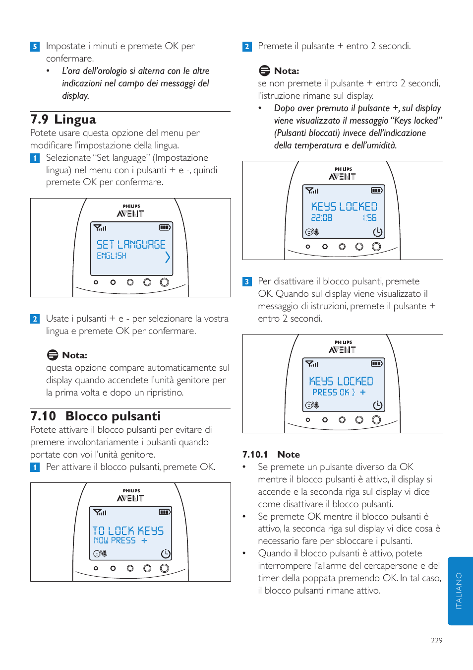 9 lingua, 10 blocco pulsanti | Philips AVENT Écoute-bébé DECT User Manual | Page 229 / 400