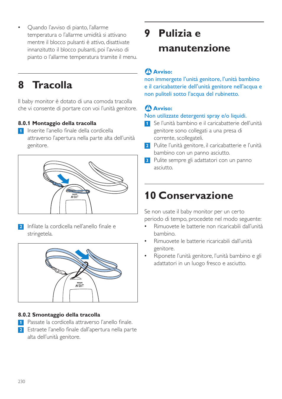 8 tracolla, Pulizia e manutenzione, 10 conservazione | 9 pulizia e manutenzione | Philips AVENT Écoute-bébé DECT User Manual | Page 230 / 400