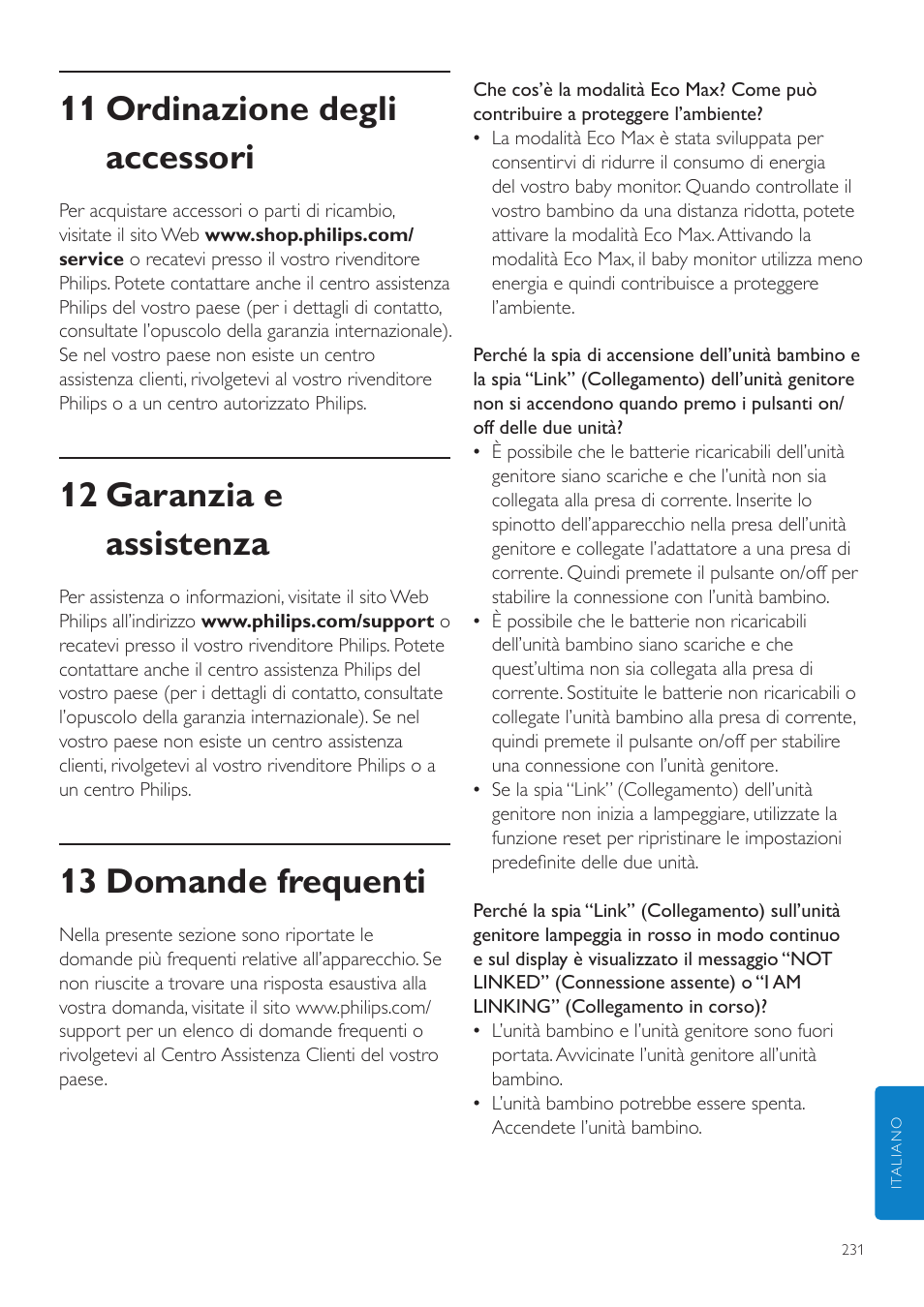 11 ordinazione degli accessori, 12 garanzia e assistenza, 13 domande frequenti | Philips AVENT Écoute-bébé DECT User Manual | Page 231 / 400